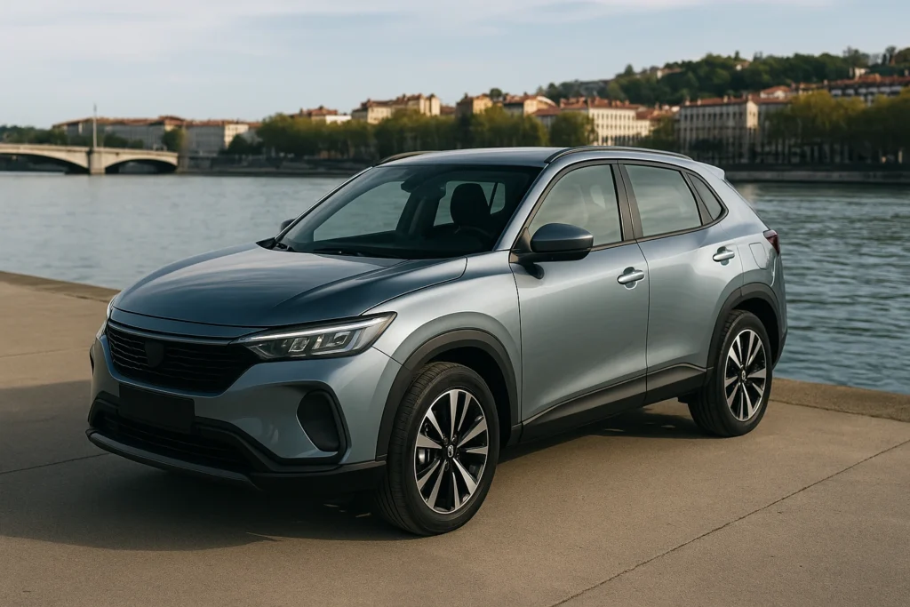 Location voiture Turo : location de voiture entre particuliers SUV moderne garé au bord du Rhône à Lyon, symbole d’une location voiture pas cher Turo