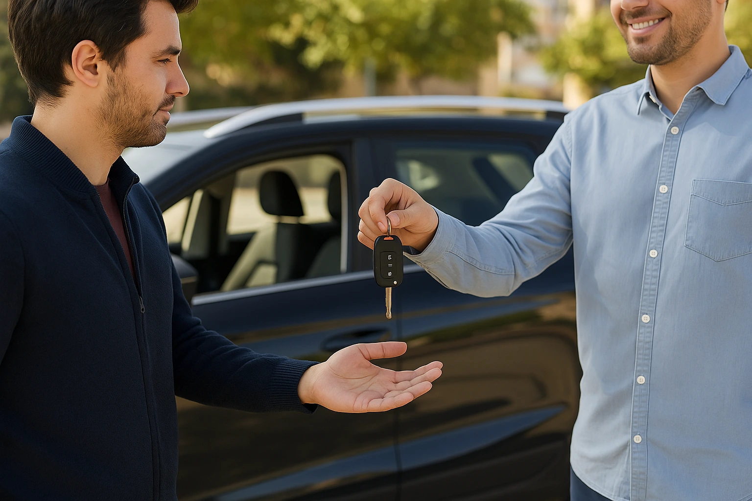 Location voiture Turo : location de voiture entre particuliers Remise de clés entre particuliers lors d’une location voiture Turo