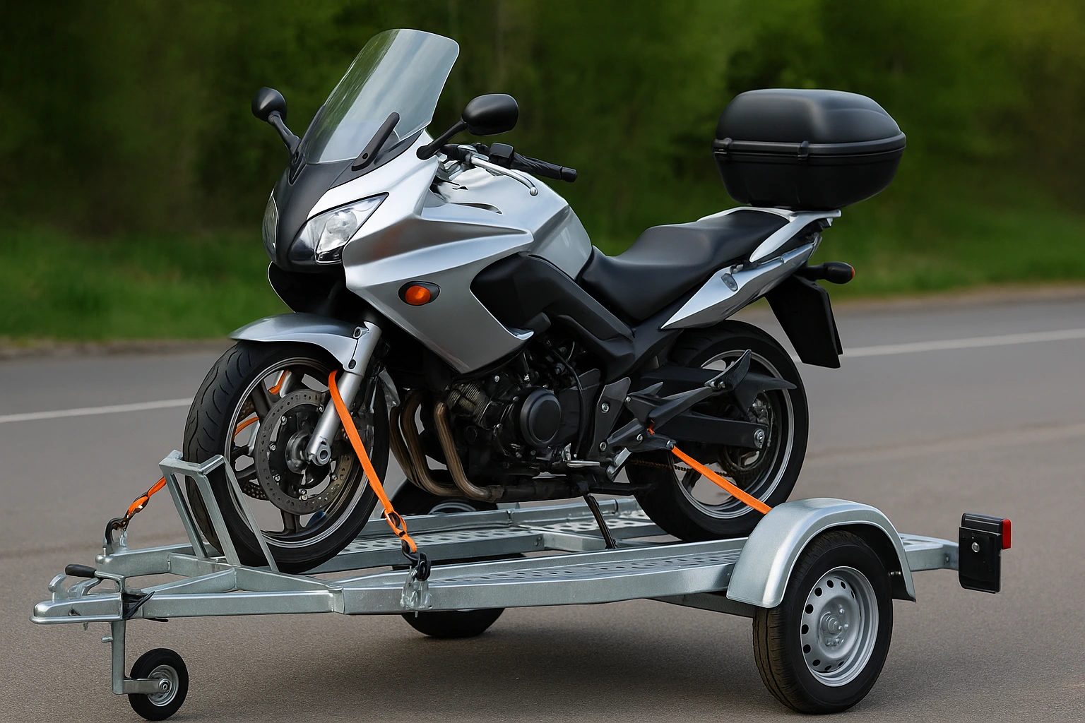 Besoin d'une remorque moto : le guide pour bien choisir remorque moto sanglé avec une moto Suzuki grise
