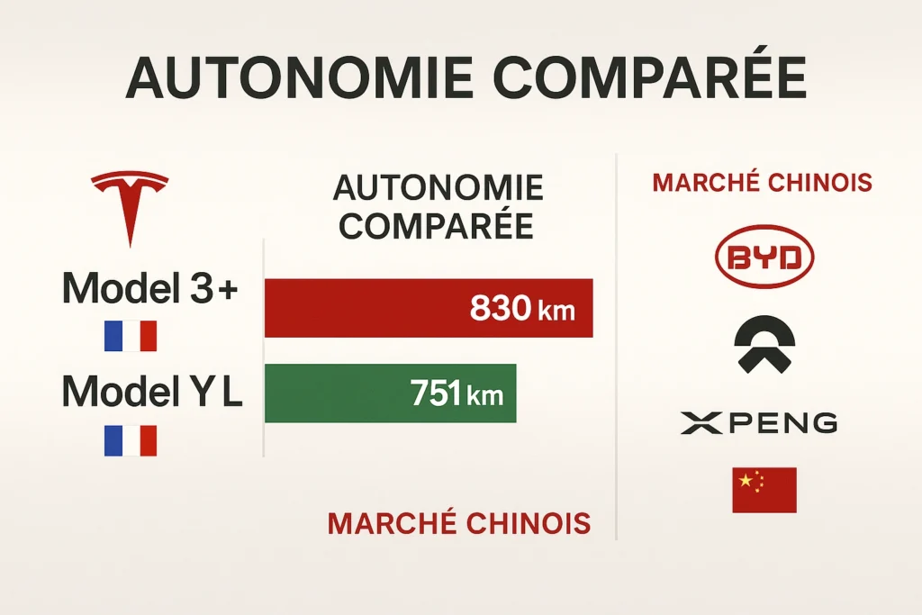Tesla Model 3+ et Model Y L : révolution de l'autonomie Comparaison Tesla Model 3+ Model Y L face aux constructeurs chinois BYD NIO Xpeng autonomie