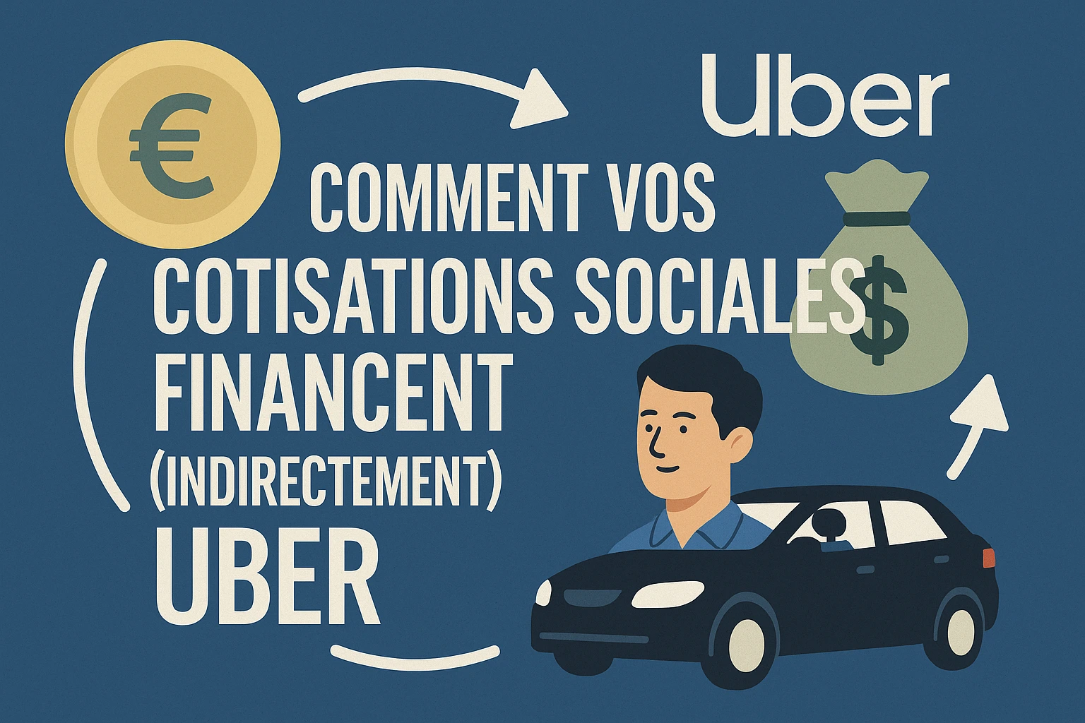 Quand vos cotisations sociales financent Uber Infographie montrant comment les cotisations sociales financent indirectement Uber, avec illustration d’un chauffeur VTC, d’une pièce en euro et d’un sac d’argent