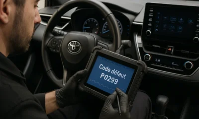 Technicien automobile utilisant une valise de diagnostic sur le siège conducteur d’une Toyota, affichant le code défaut P0299 à l’écran.