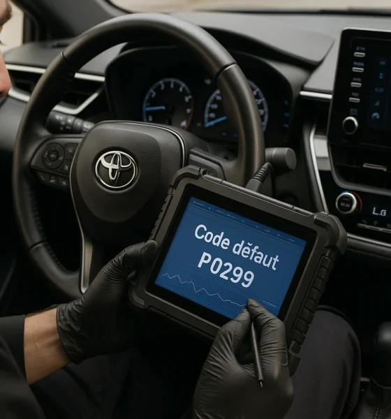 Technicien automobile utilisant une valise de diagnostic sur le siège conducteur d’une Toyota, affichant le code défaut P0299 à l’écran.