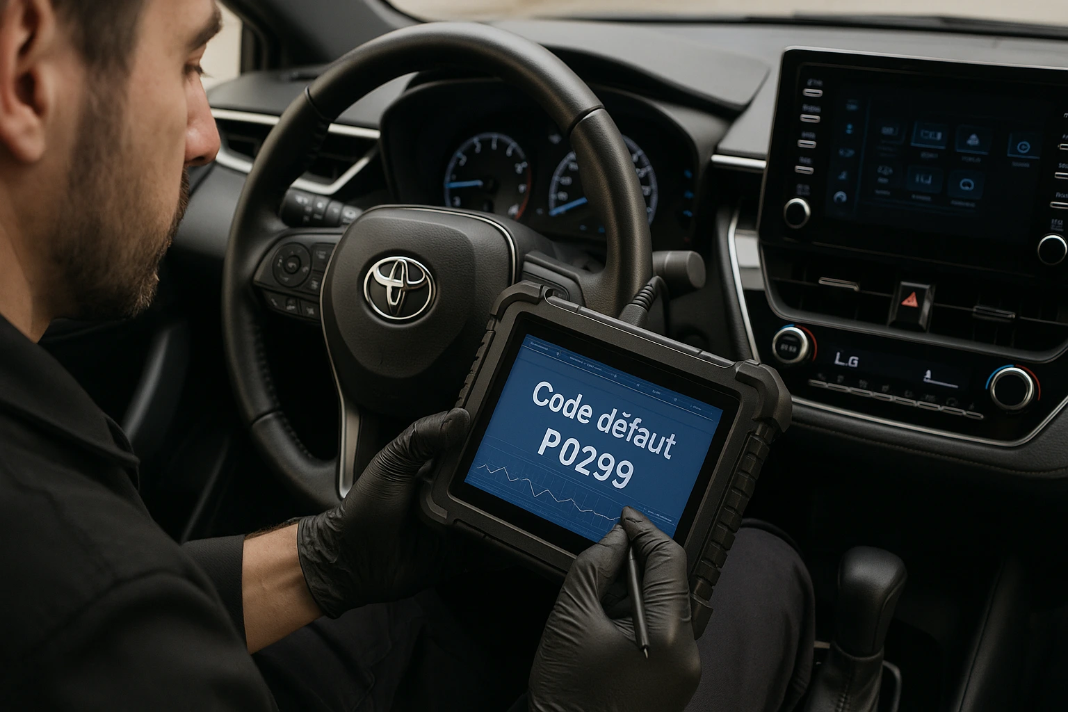 Qu'est-ce que le code P0299 dans une voiture ? Technicien automobile utilisant une valise de diagnostic sur le siège conducteur d’une Toyota, affichant le code défaut P0299 à l’écran.