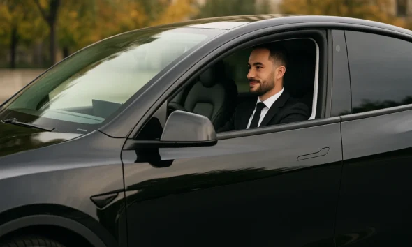 un chauffeur VTC dans une Tesla Model Y