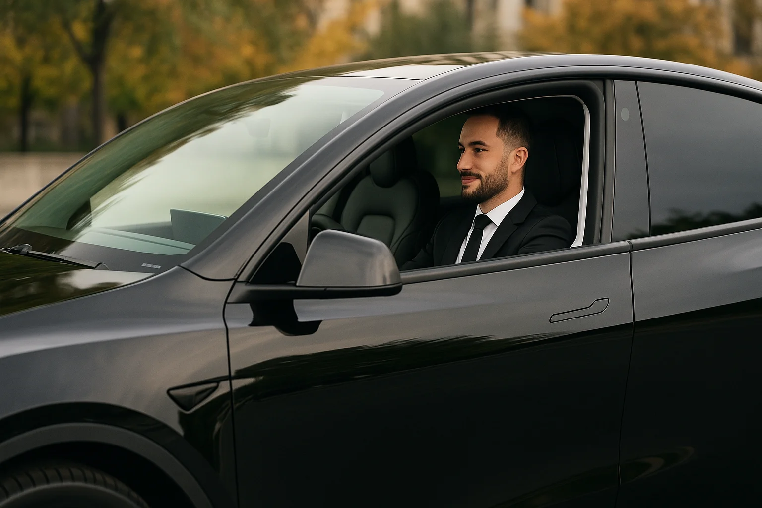 un chauffeur VTC dans une Tesla Model Y