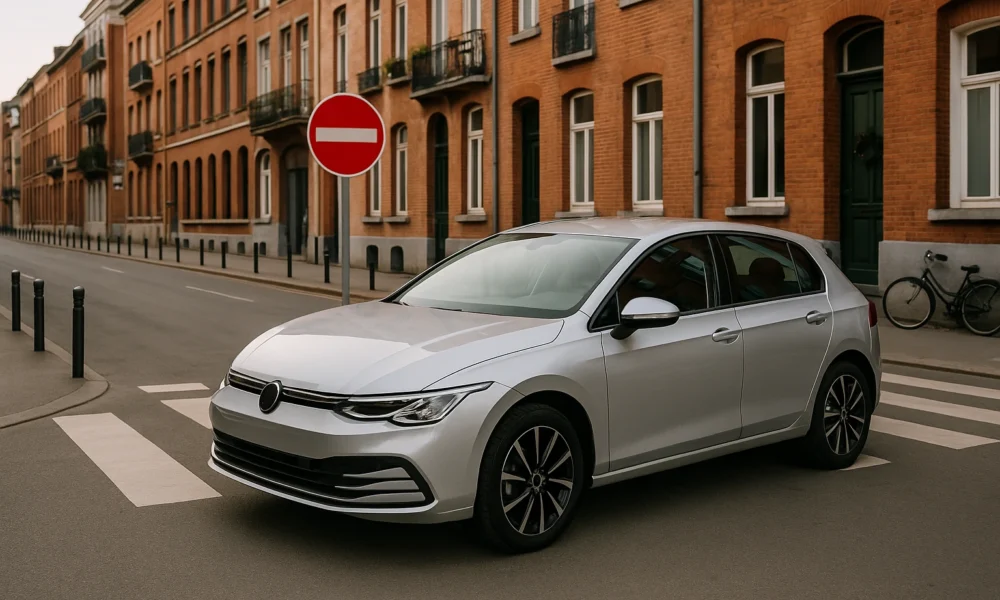 Voiture électrique circulant dans une rue européenne propre et calme, symbole des nouvelles zones à faibles émissions en 2026.