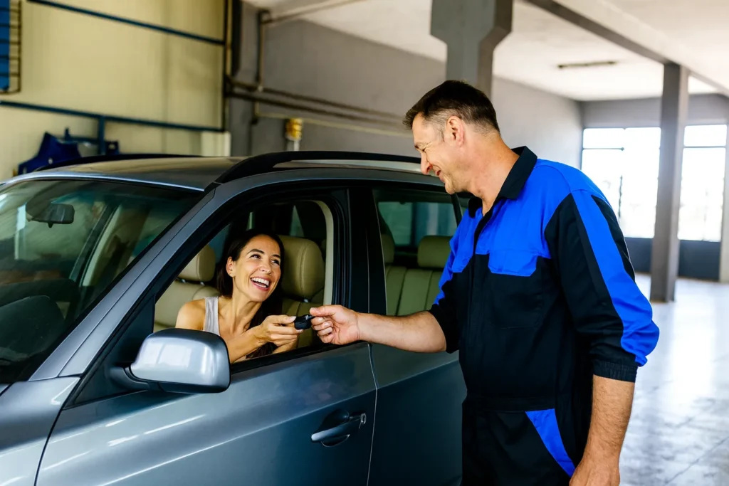 Rouler sans contrôle technique : Ce qu’il faut savoir Une conductrice remet les clés de sa voiture à un mécanicien dans un garage