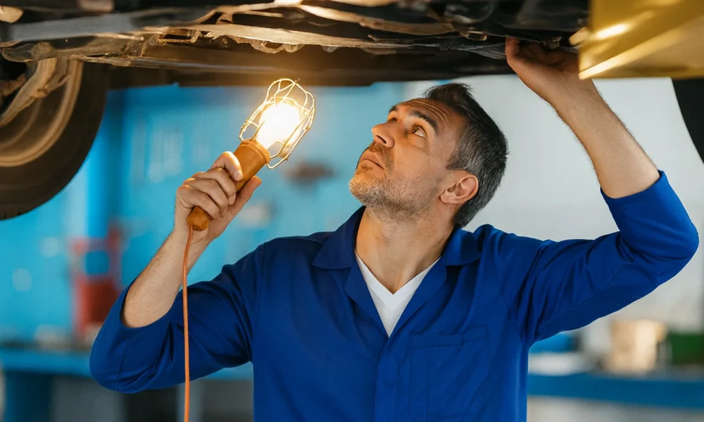 Mécanicien inspectant le dessous d’une voiture avec une lampe, illustrant les risques de rouler sans contrôle technique
