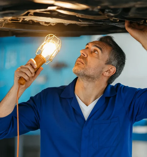 Mécanicien inspectant le dessous d’une voiture avec une lampe, illustrant les risques de rouler sans contrôle technique