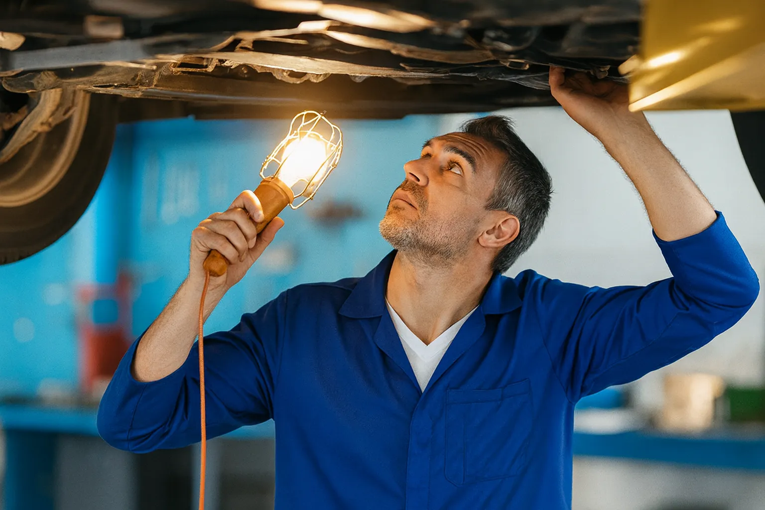 Rouler sans contrôle technique : Ce qu’il faut savoir Mécanicien inspectant le dessous d’une voiture avec une lampe, illustrant les risques de rouler sans contrôle technique