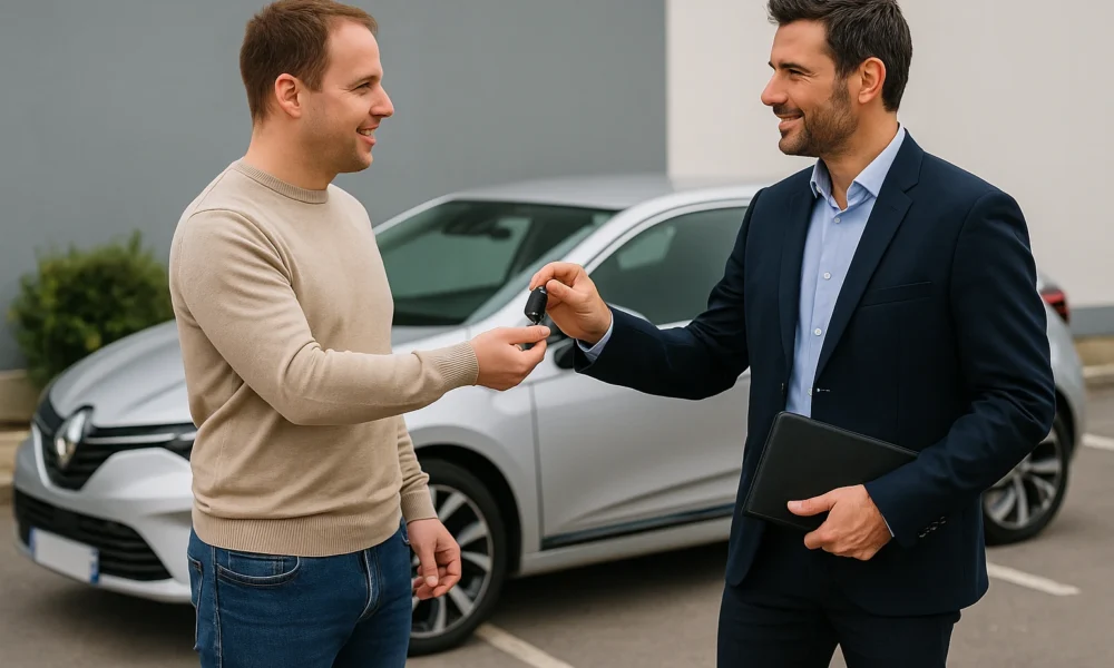 Un client remet les clés de sa voiture à un professionnel, avec une Renault Clio 5 en arrière-plan
