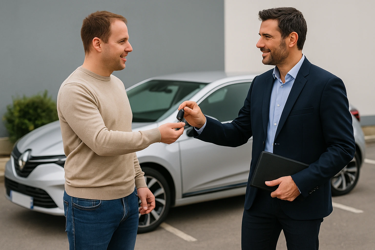Un client remet les clés de sa voiture à un professionnel, avec une Renault Clio 5 en arrière-plan