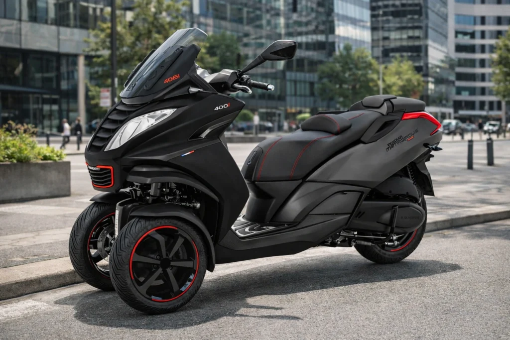 Quel scooter 3 roues choisir en 2026 ? Guide complet Scooter Peugeot Metropolis 400 noir et gris à trois roues stationné en ville
