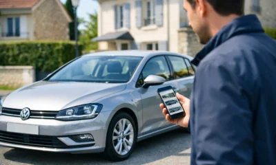 Acheteur examinant une voiture d’occasion en France tout en comparant les annonces sur Wannonce.com