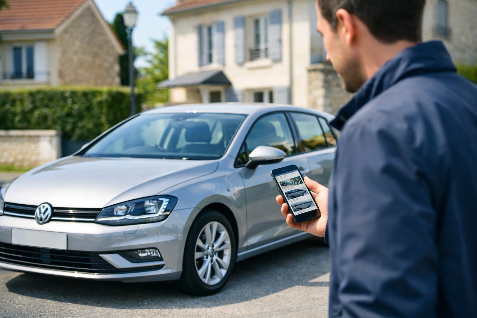 Acheteur examinant une voiture d’occasion en France tout en comparant les annonces sur Wannonce.com