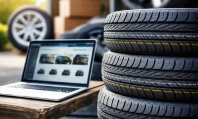 Pneus neufs empilés à côté d’un ordinateur portable illustrant l’achat de pneus en ligne