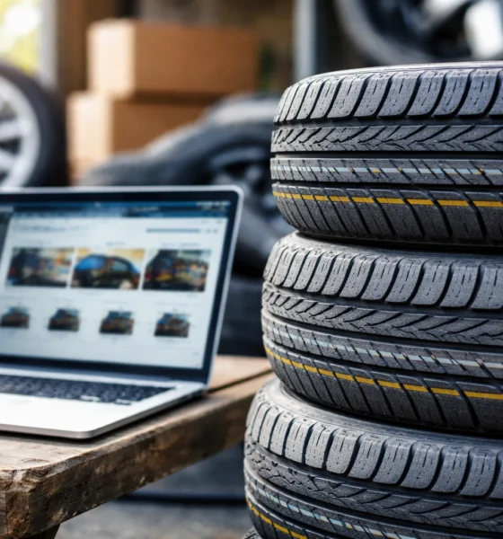 Pneus neufs empilés à côté d’un ordinateur portable illustrant l’achat de pneus en ligne