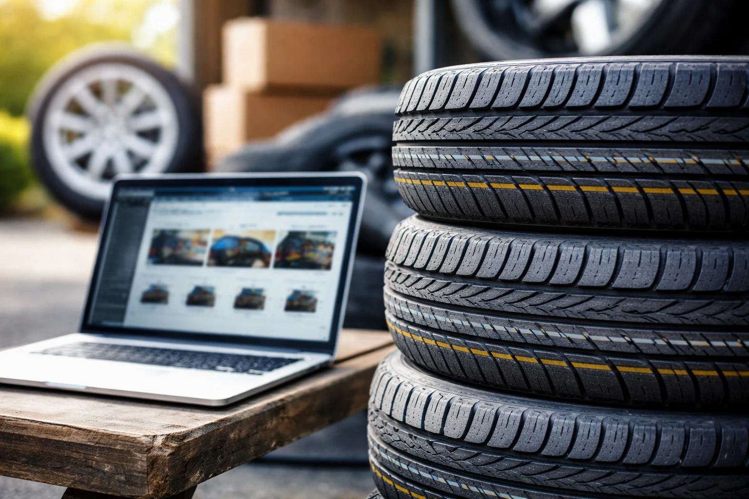 Pneus neufs empilés à côté d’un ordinateur portable illustrant l’achat de pneus en ligne