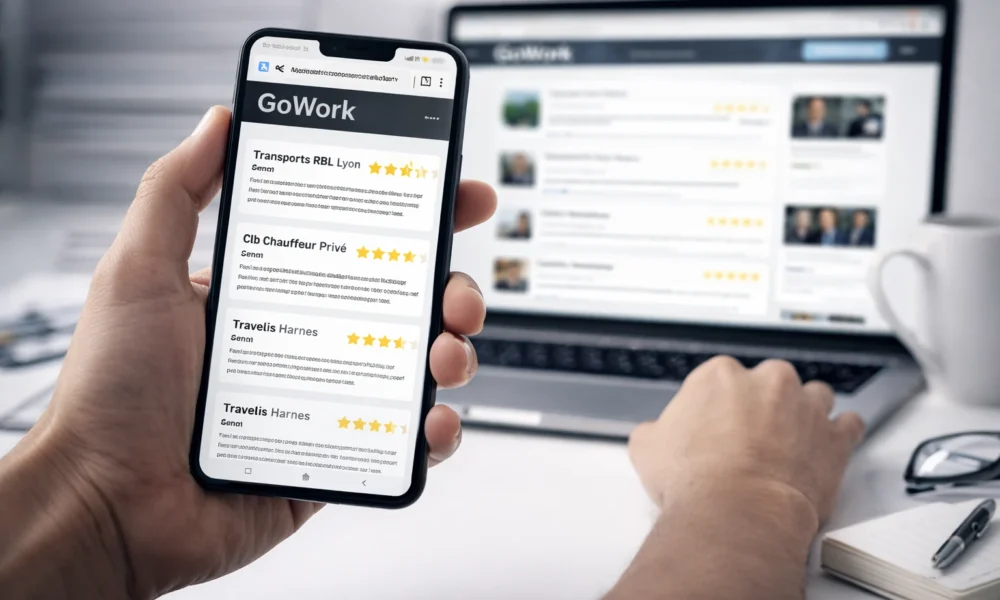Smartphone affichant GoWork avec avis et notes d’entreprises, ordinateur portable en arrière-plan