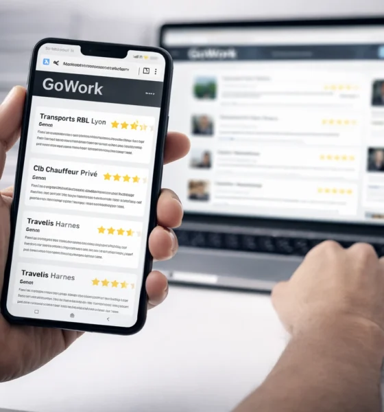 Smartphone affichant GoWork avec avis et notes d’entreprises, ordinateur portable en arrière-plan
