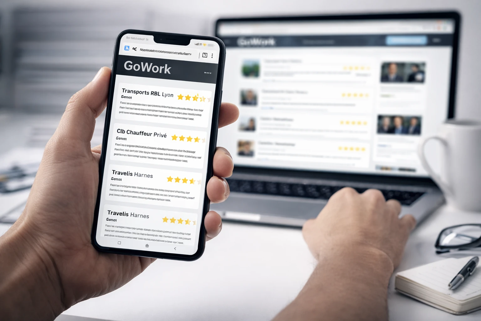 Smartphone affichant GoWork avec avis et notes d’entreprises, ordinateur portable en arrière-plan