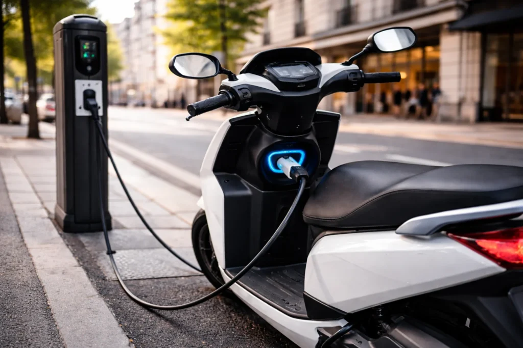 Scooter 125 électrique : quel budget mensuel prévoir ? Scooter 125 électrique en recharge sur une borne en ville en France