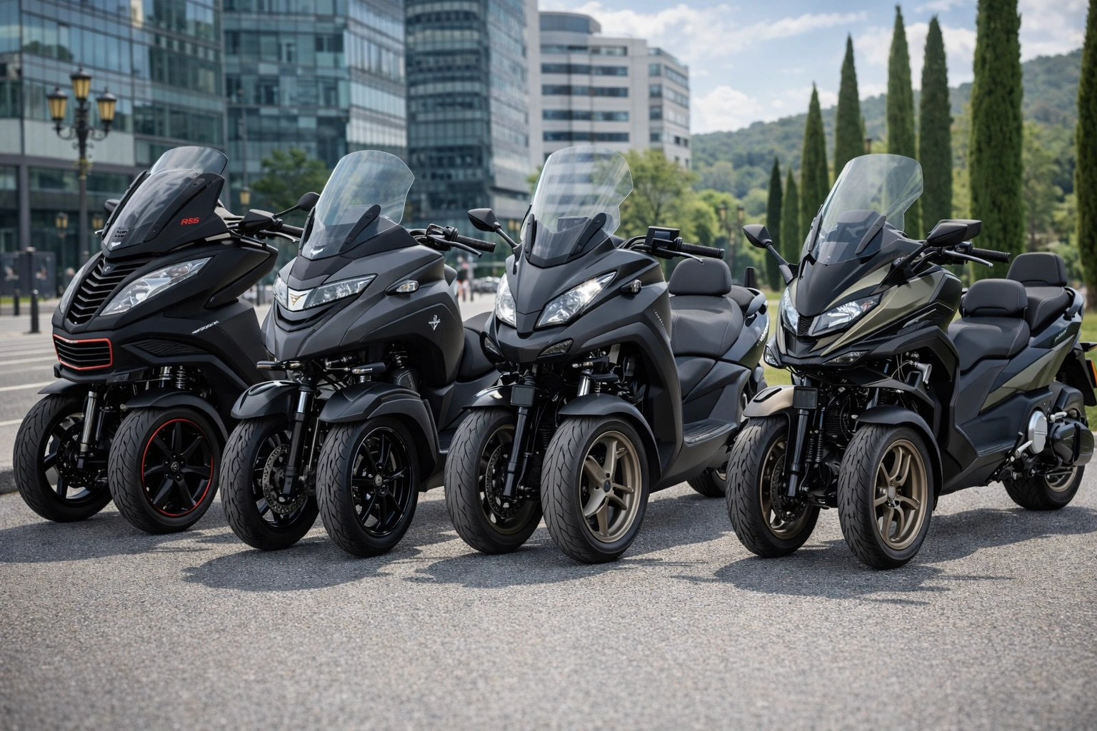 Quel scooter 3 roues choisir en 2026 ? Guide complet Alignement de quatre scooters à trois roues sur route, pour un comparatif des meilleurs modèles