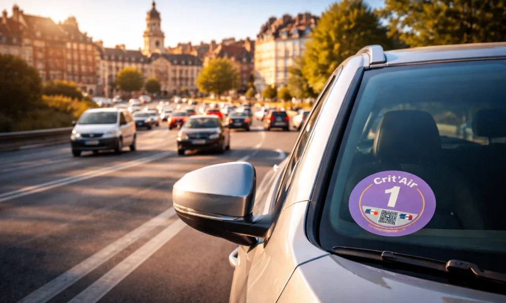 Vignette Crit’Air sur pare-brise d’une voiture circulant dans la ZFE de Rennes