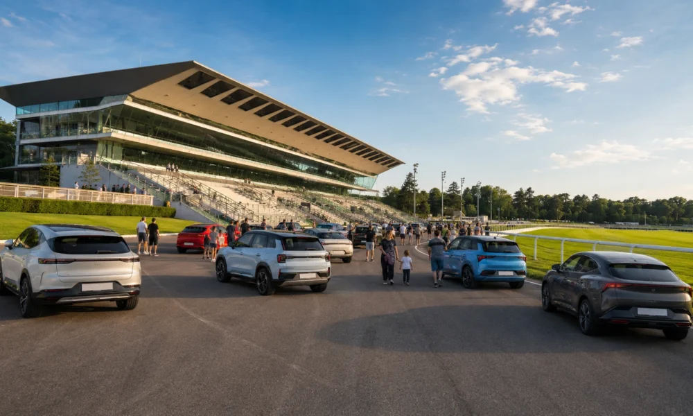 Visiteurs découvrant des voitures électriques en essai lors du salon de l'automobile électrique de Paris organisé à l'hippodrome de Vincennes