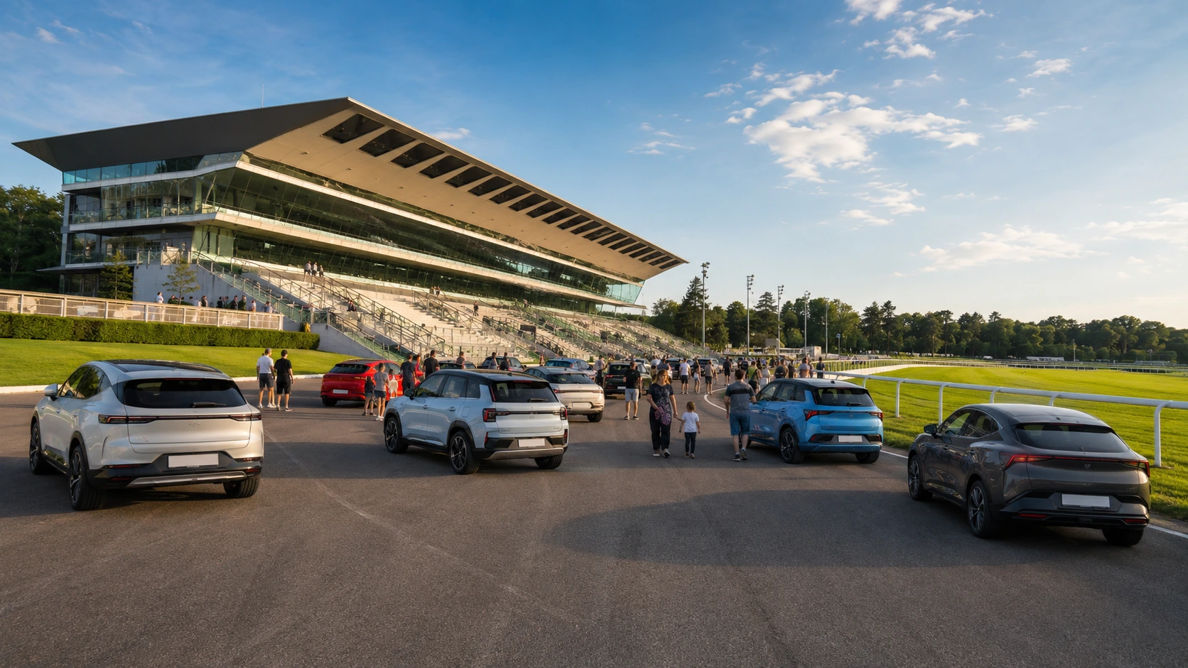 Visiteurs découvrant des voitures électriques en essai lors du salon de l'automobile électrique de Paris organisé à l'hippodrome de Vincennes