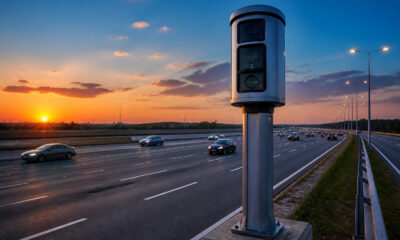 Radar de vitesse sur autoroute au crepuscule