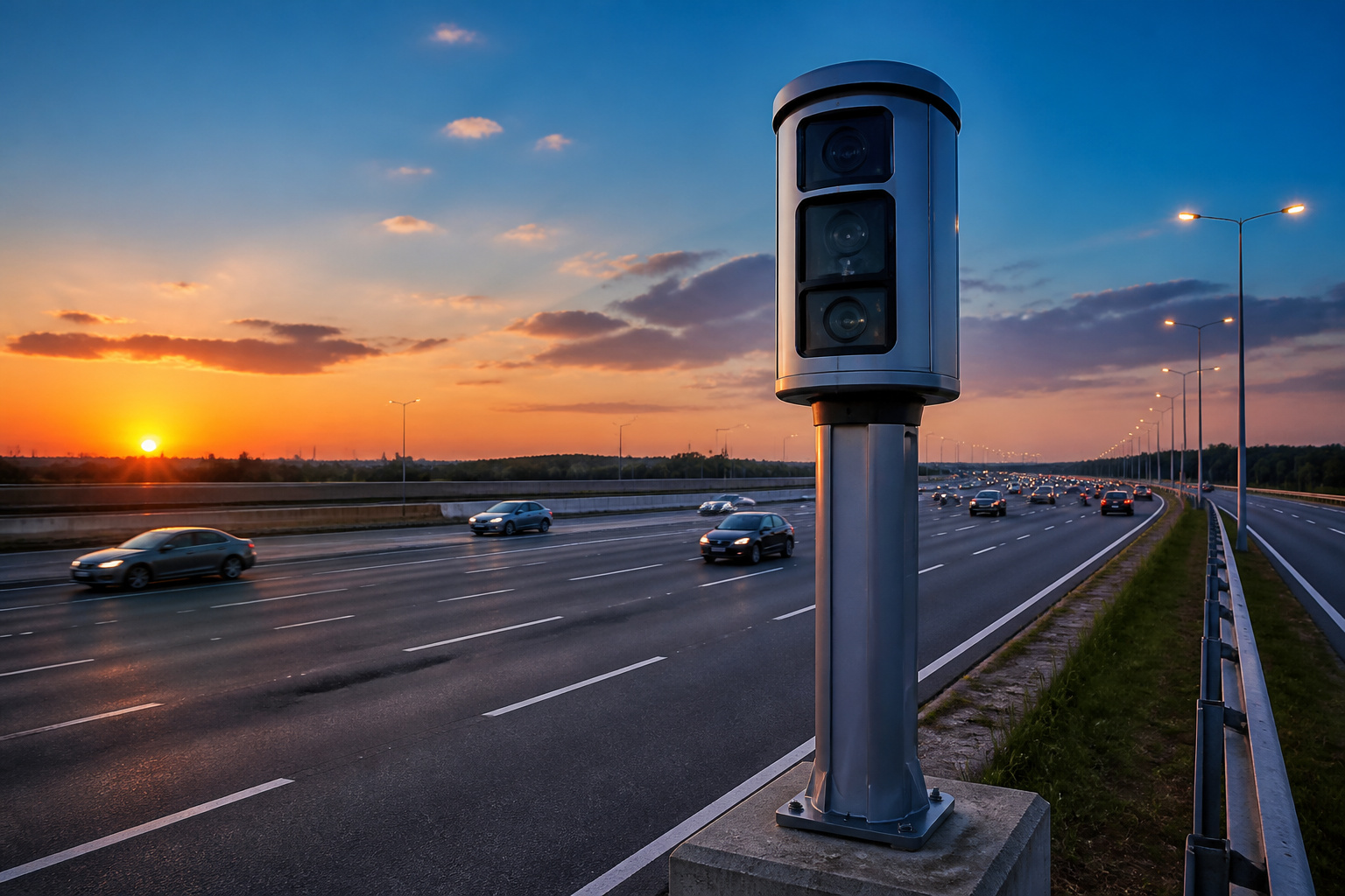 Radar tourelle : tech et infractions verbalisées 2026 Radar de vitesse sur autoroute au crepuscule