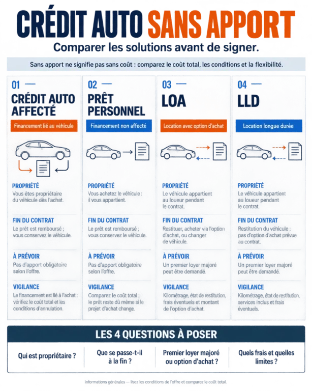 Infographie comparative des solutions de crédit auto sans apport, LOA et LLD