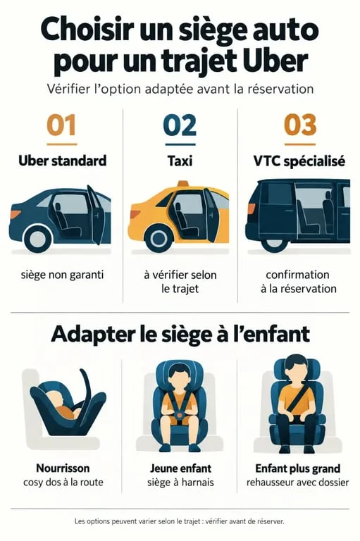 Infographie sur le siège auto Uber et les solutions de transport avec enfant