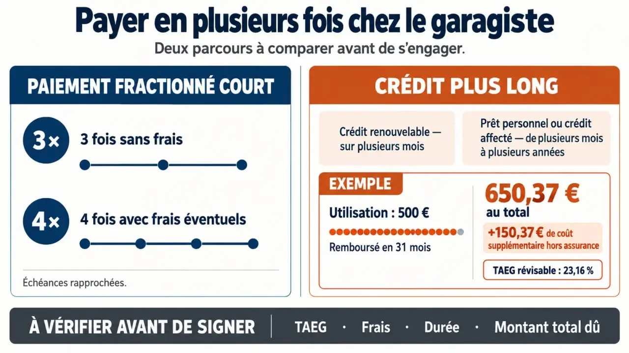 Infographie sur le garagiste paiement en plusieurs fois, les frais et le coût total du crédit