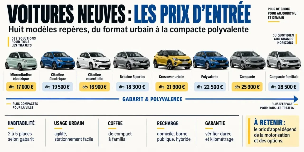 Voitures neuves les moins chères : 8 modèles dès 13 290 € et les coûts à vérifier Infographie comparative sur les voitures neuves les moins chères en France
