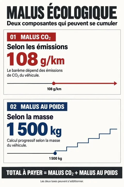 Infographie sur le calcul malus écologique avec malus CO₂ et malus au poids