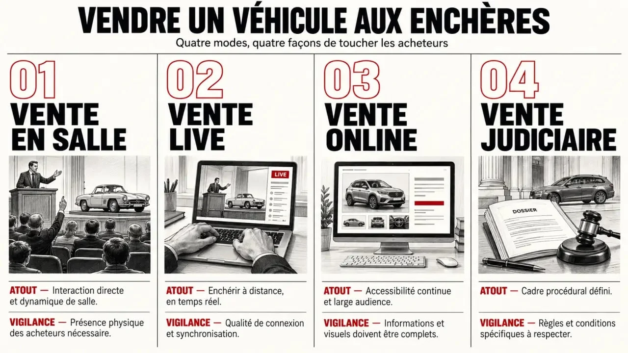 Vente au enchères véhicule : comparaison des modes de vente en salle, live, online et judiciaire
