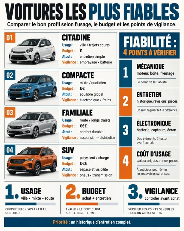Infographie comparative des voitures les plus fiable selon l’usage, le budget et les critères d’entretien