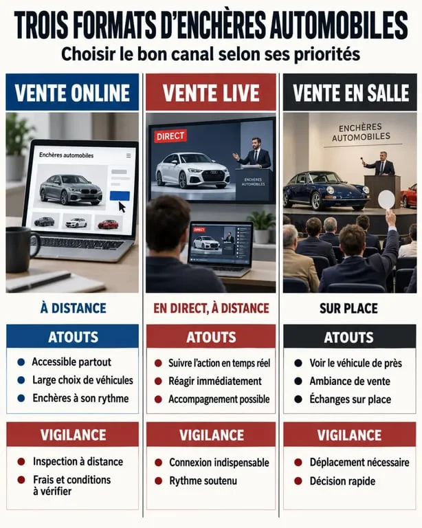 Infographie des formats de vente pour les enchères automobiles : online, live et en salle