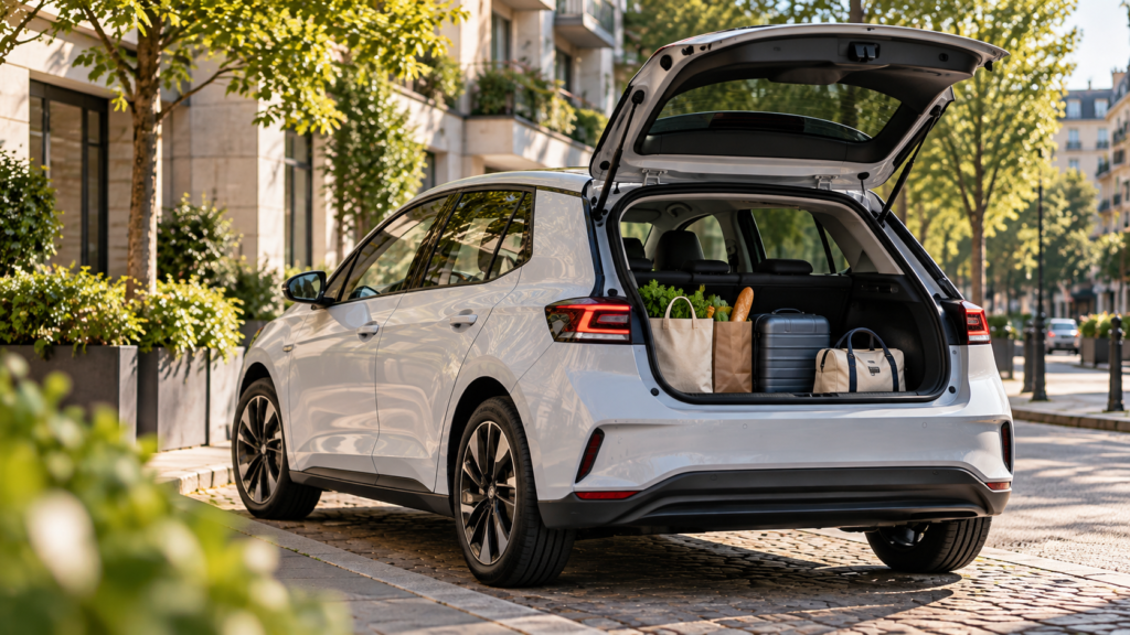Voiture citadine électrique : comment bien la choisir ? Hayon ouvert en ville verdoyante