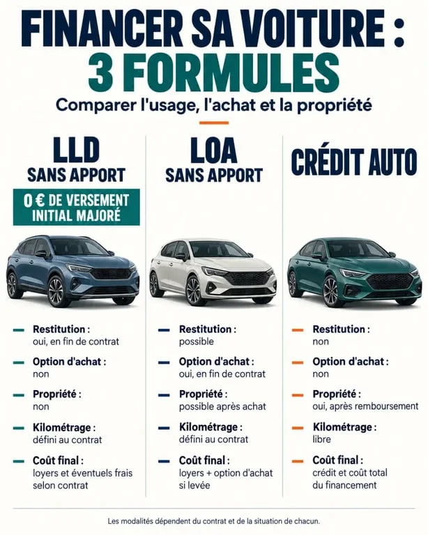 Infographie comparative sur les voitures LLD sans apport, la LOA et le crédit auto