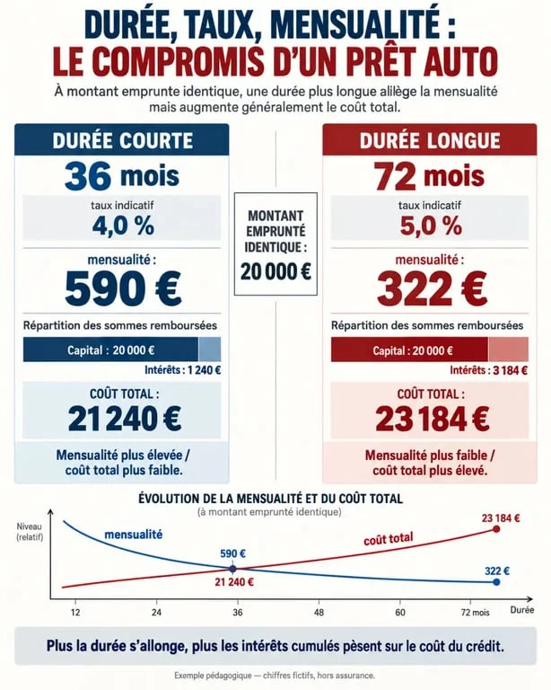 Infographie sur le taux pour prêt auto, la durée, la mensualité et le coût total