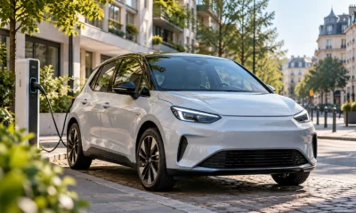 une voiture citadine électrique blanche en charge
